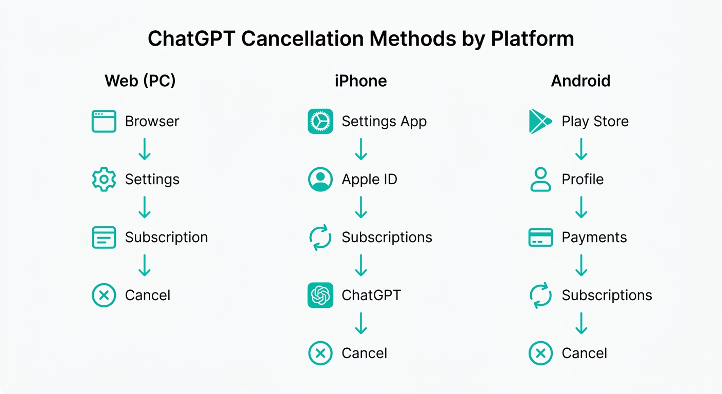 ChatGPTの解約方法をプラットフォーム別に示したフローチャート(公式サイトより)