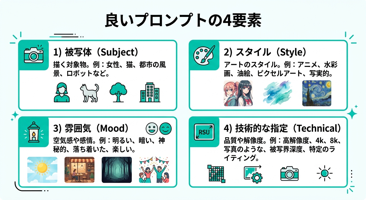 良いプロンプトの4要素(被写体・スタイル・雰囲気・技術的な指定)
