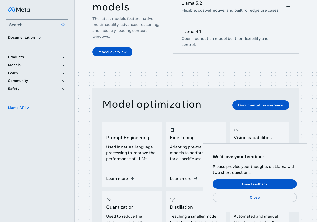 Meta Llamaの公式モデル一覧ページ(公式サイトより)