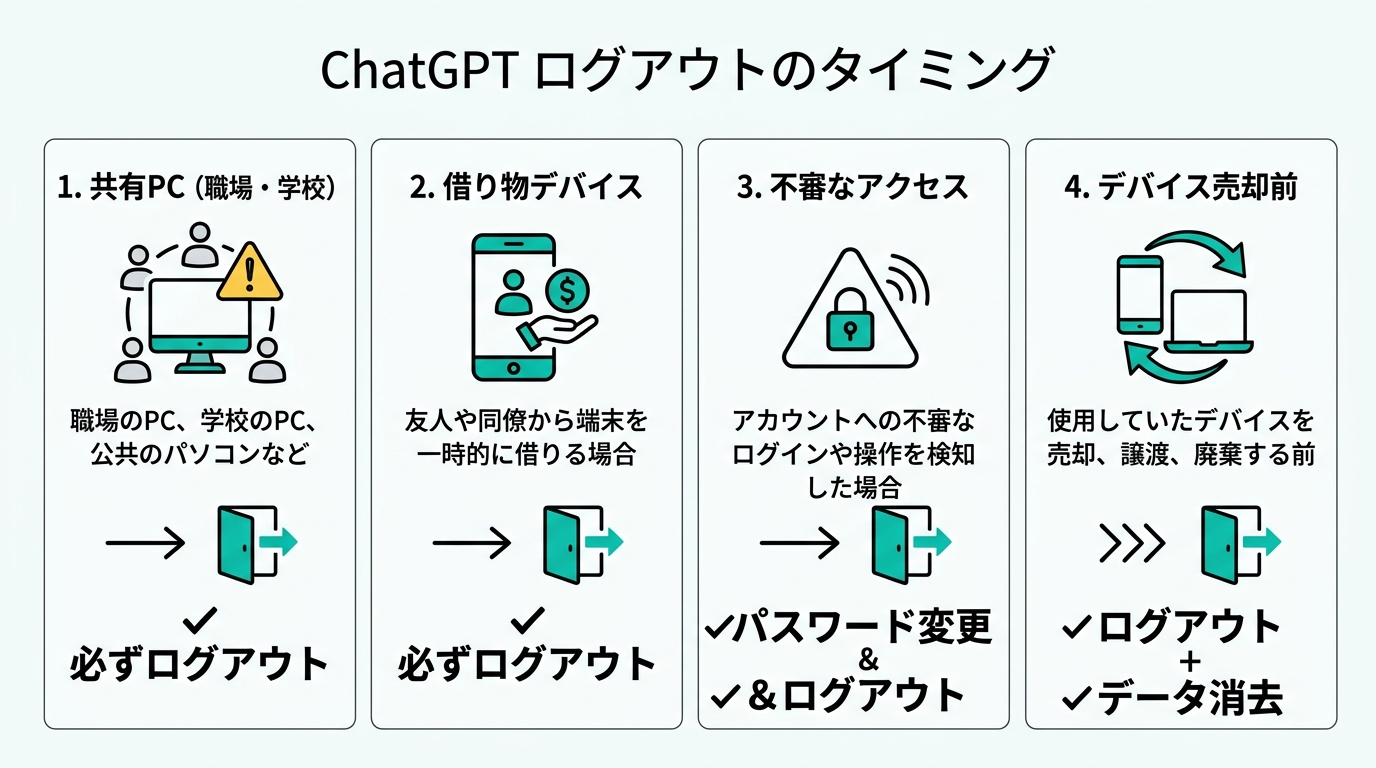 ChatGPTをログアウトすべきタイミング一覧図