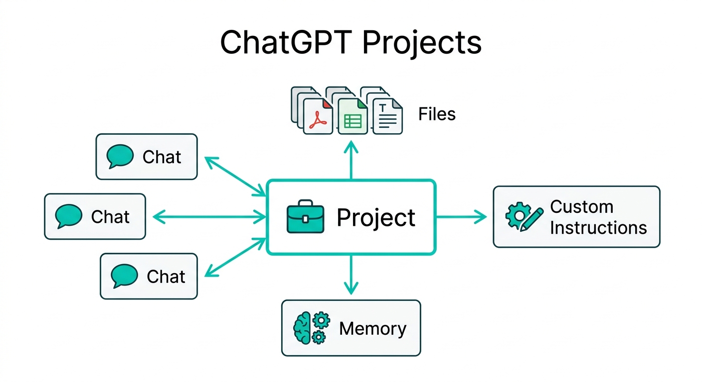ChatGPTプロジェクト機能の構成図 - チャット、ファイル、カスタム指示、メモリがプロジェクトに集約される仕組み(公式サイトより)