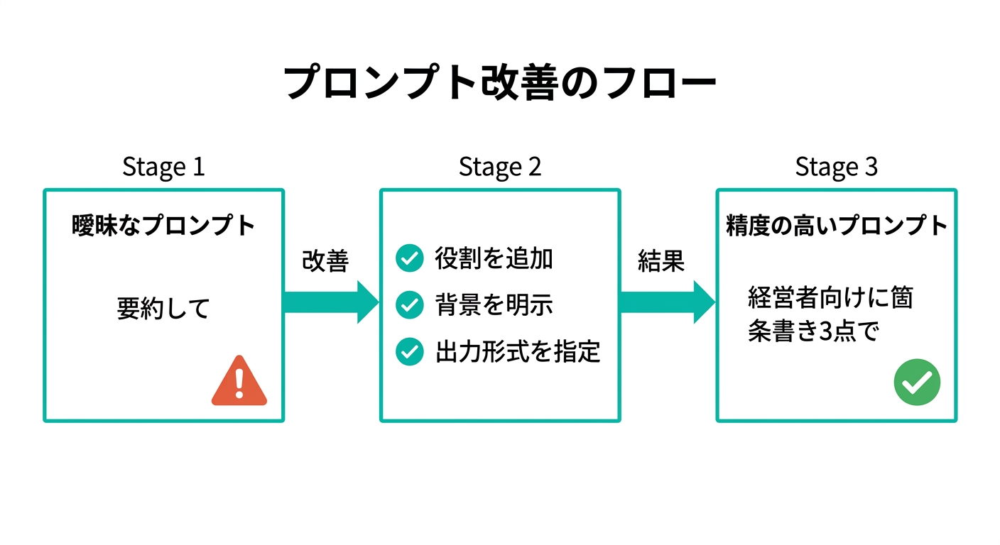 プロンプト改善のフロー(曖昧なプロンプト→改善→精度の高いプロンプト)(Gemini生成)
