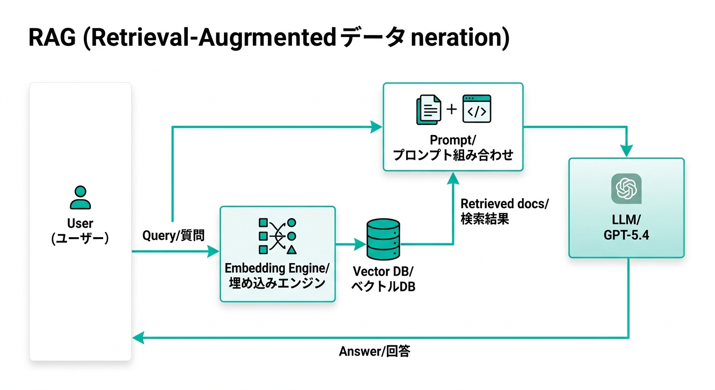 ChatGPT RAGの仕組み:ユーザーの質問がベクトルDBで検索され、関連ドキュメントとともにLLMに渡されて回答が生成されるフロー図(公式サイトより)