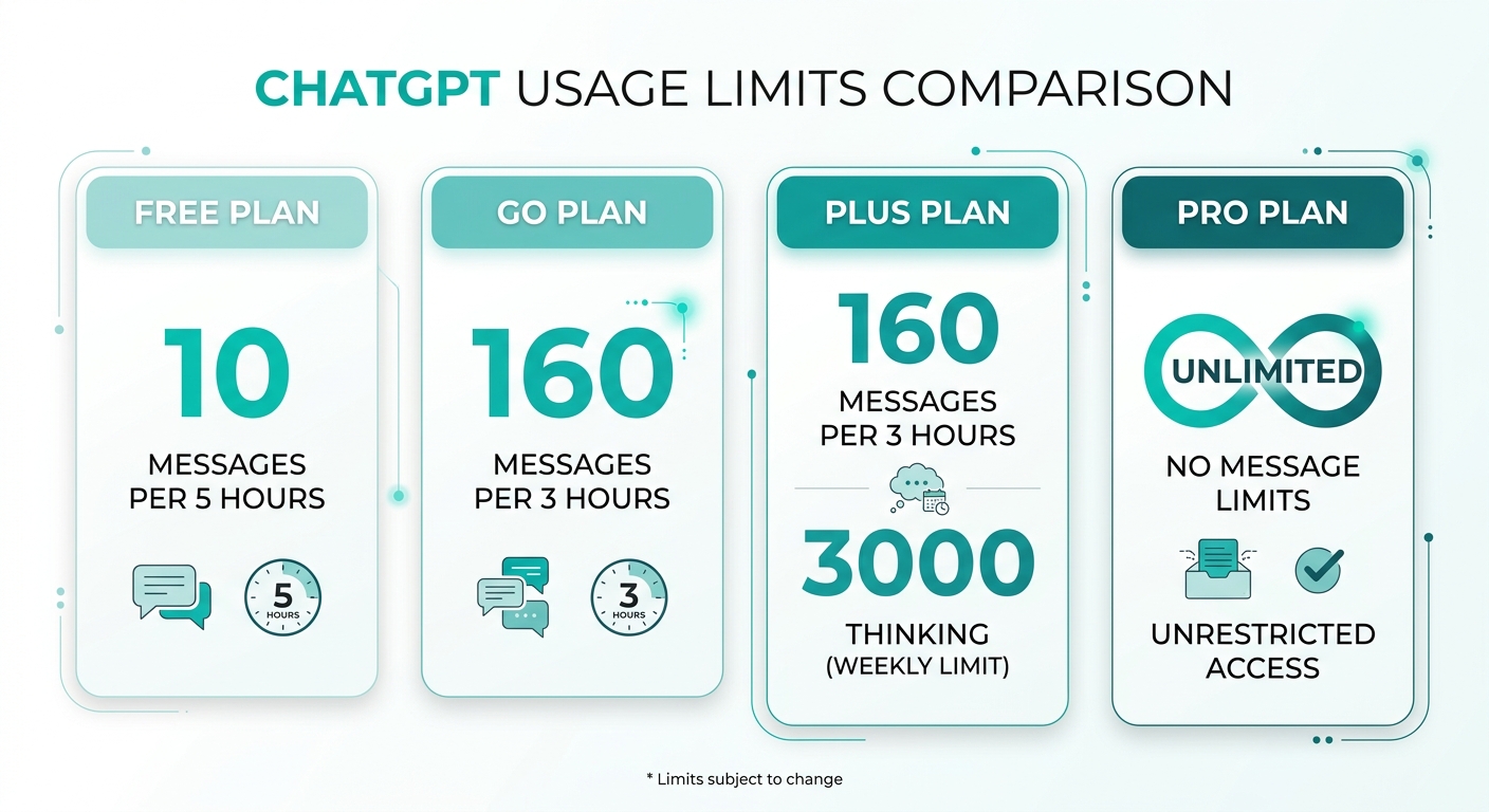 ChatGPTプラン別メッセージ制限の比較図(2026年4月時点)