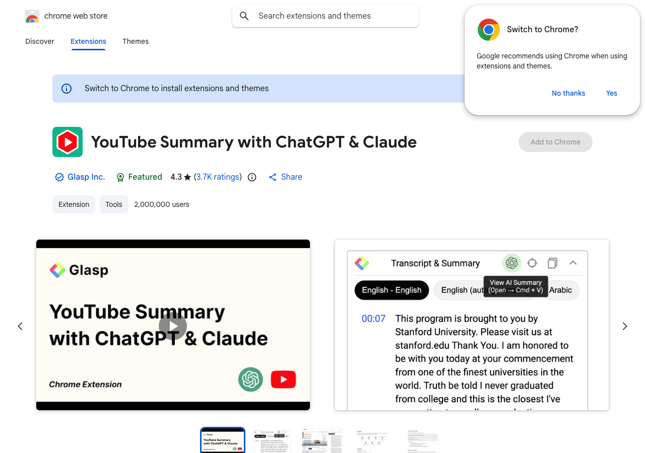 YouTube Summary with ChatGPT & Claude のChrome ウェブストアページ(公式サイトより)