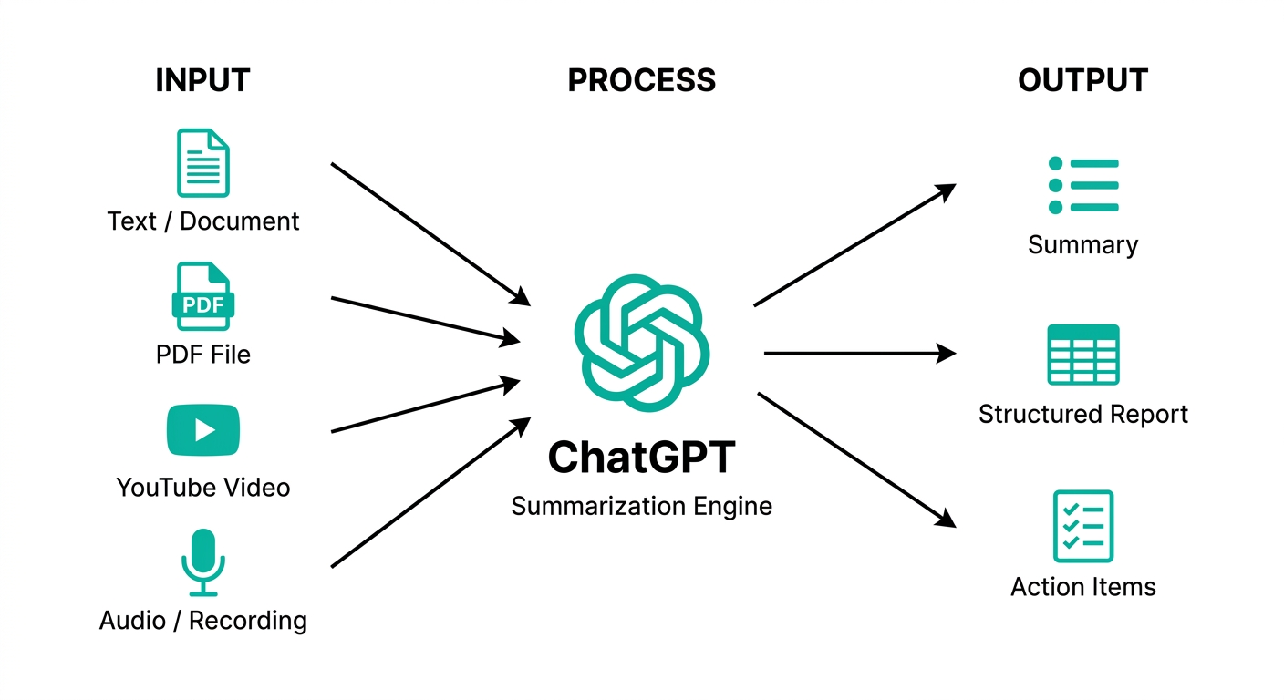 ChatGPTの要約機能の全体像:テキスト・PDF・YouTube・音声を入力し、要約・レポート・アクションアイテムを出力する流れ(公式サイトより)