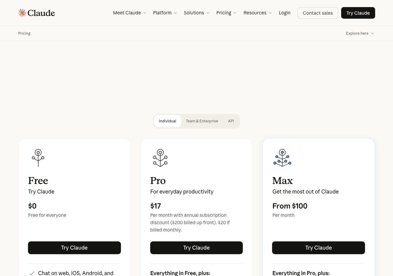 Anthropic公式サイトの料金プラン一覧(Free/Pro/Maxの価格が見える画面)