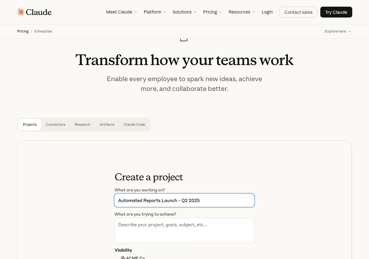AnthropicのEnterprise製品ページ - チームの働き方を変えるClaude(公式サイトより)