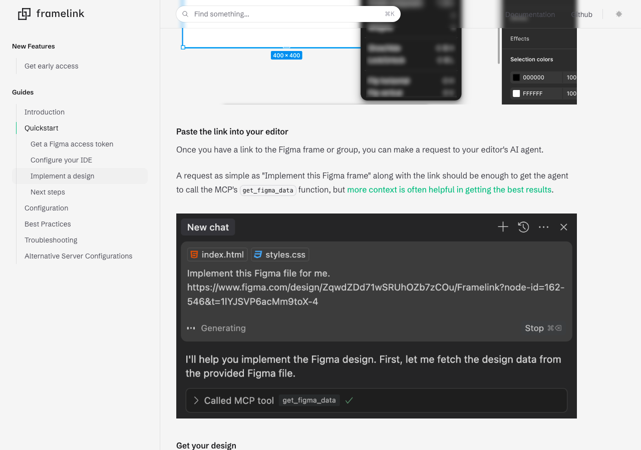 Framelink MCPを通じてClaude CodeがFigmaデータを取得してコードを生成している画面(framelink.ai/docs/quickstartより)