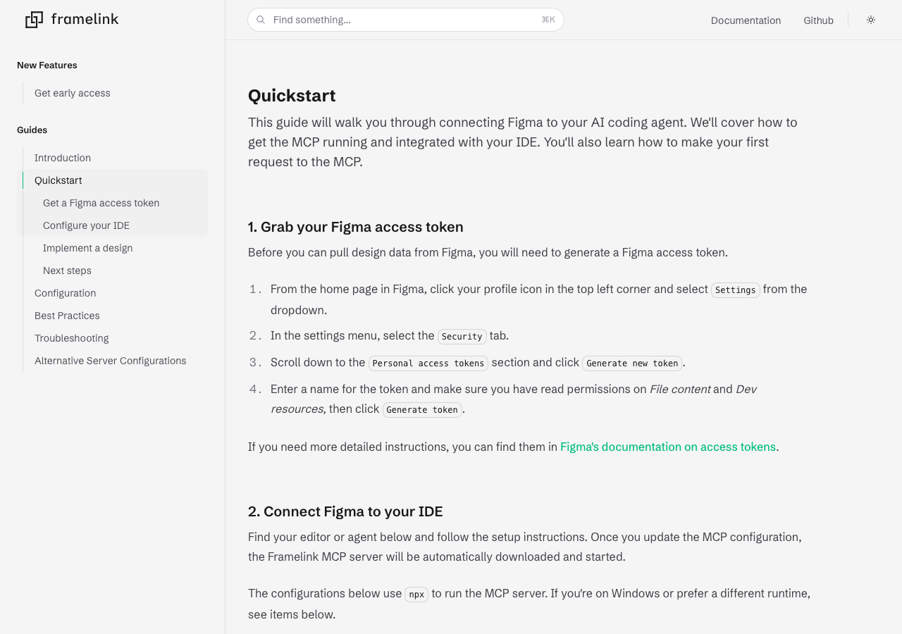 Framelink公式サイトのクイックスタートページ(framelink.ai/docs/quickstartより)