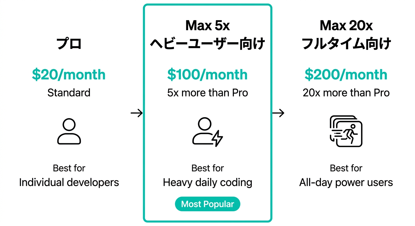 Claude Codeのプラン比較図:Pro・Max 5x・Max 20x