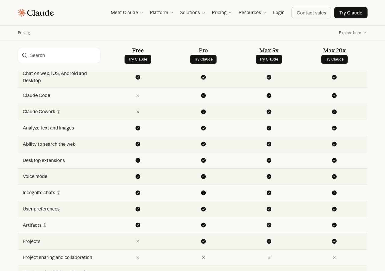 プラン別機能比較 — Claude CodeはPro以上で利用可能(公式サイトより)