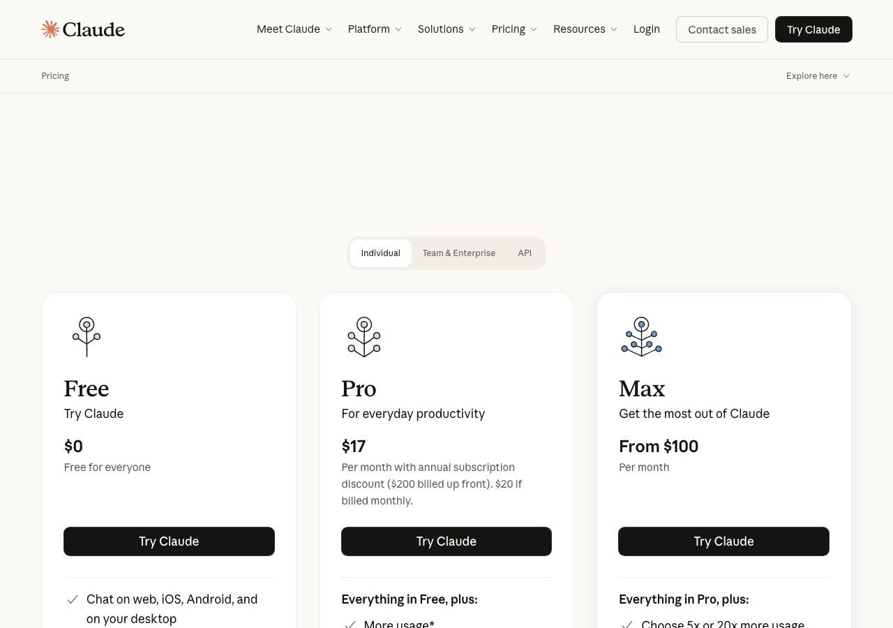Claude公式料金ページ — Free / Pro($20) / Max($100〜)の3プラン