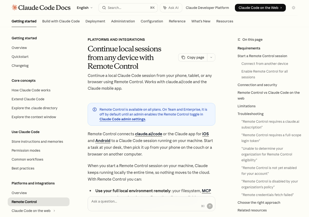 Claude Code Remote Controlの公式ドキュメント(claude.ai/codeからローカルセッションにアクセスできる)