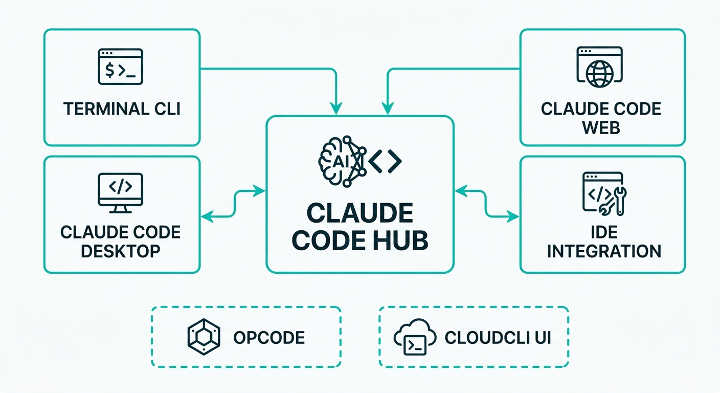 Claude CodeのUI全体像:ターミナルCLI・Web・デスクトップ・IDE・サードパーティGUIのエコシステム図
