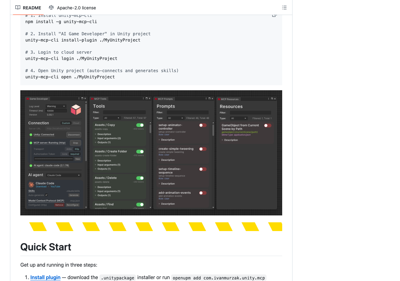 Unity-MCPのGitHubリポジトリのREADME:AI Game DeveloperのCLIコマンドとインターフェース(公式GitHubより)