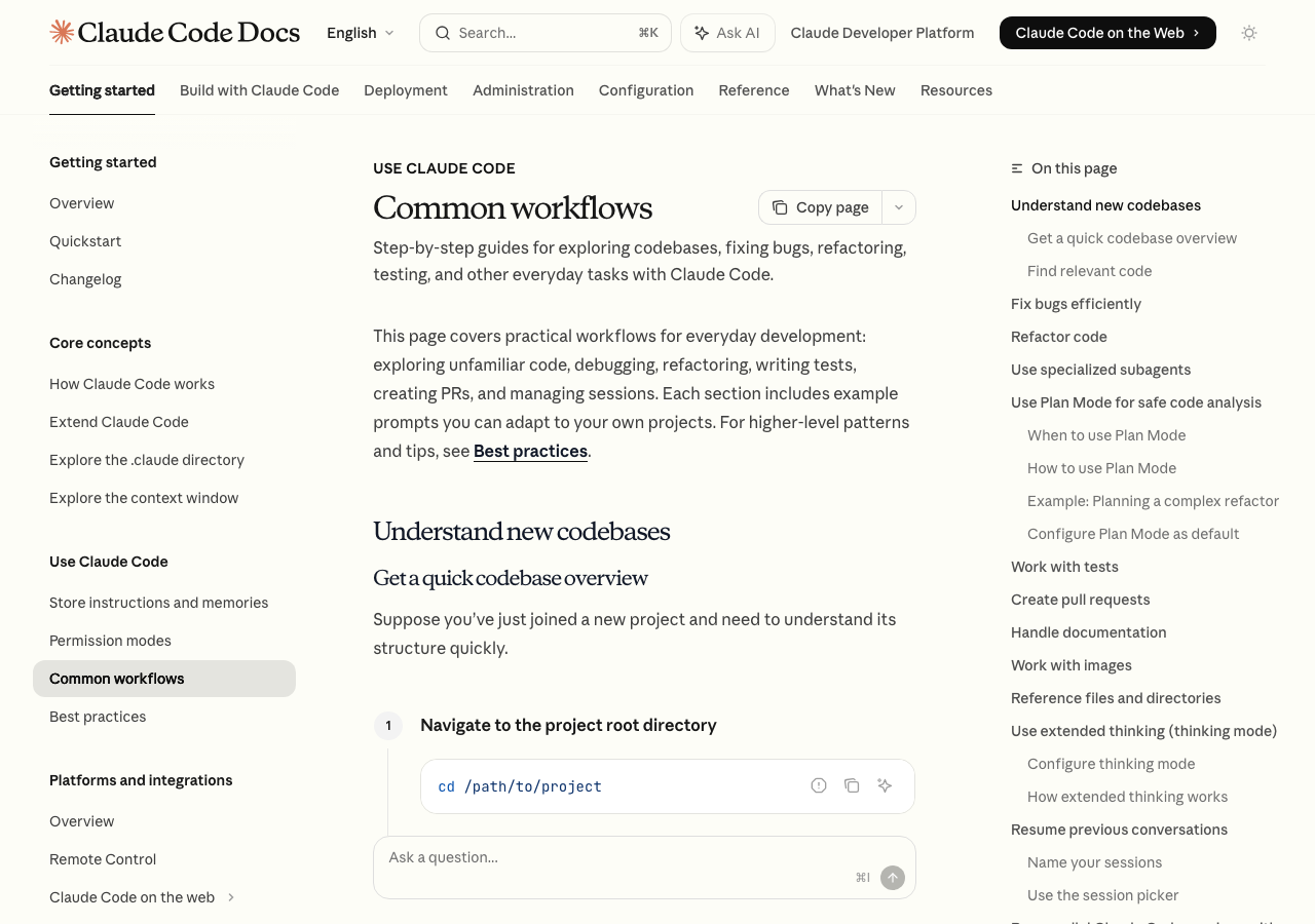 Claude Code公式ドキュメント「Common workflows」ページ(公式サイトより)