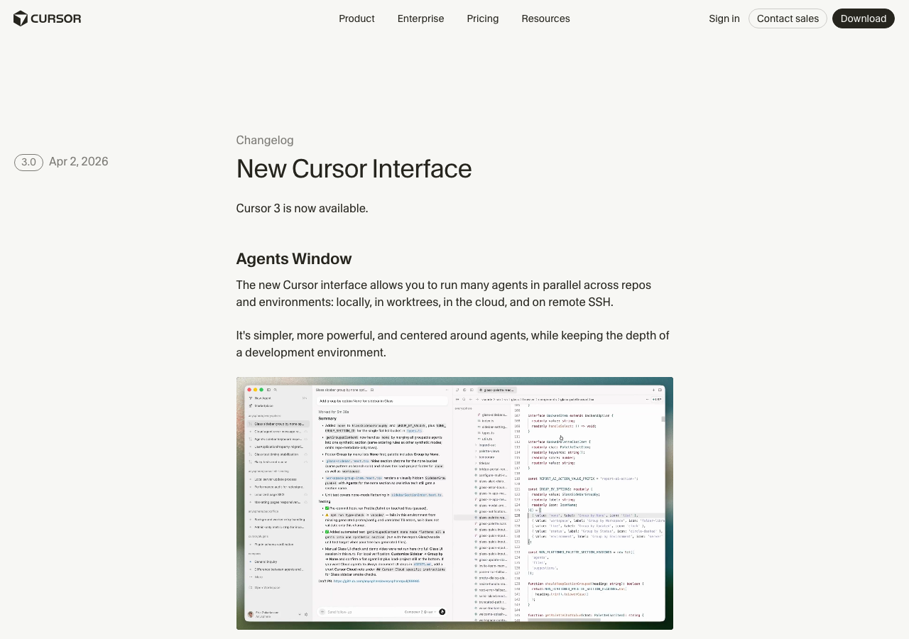 Cursor 3.0のChangelog(2026年4月2日リリース、Agents Window追加)(公式サイトより)