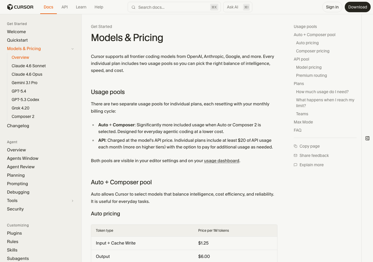 CursorのModels & Pricingページ(公式サイトより)