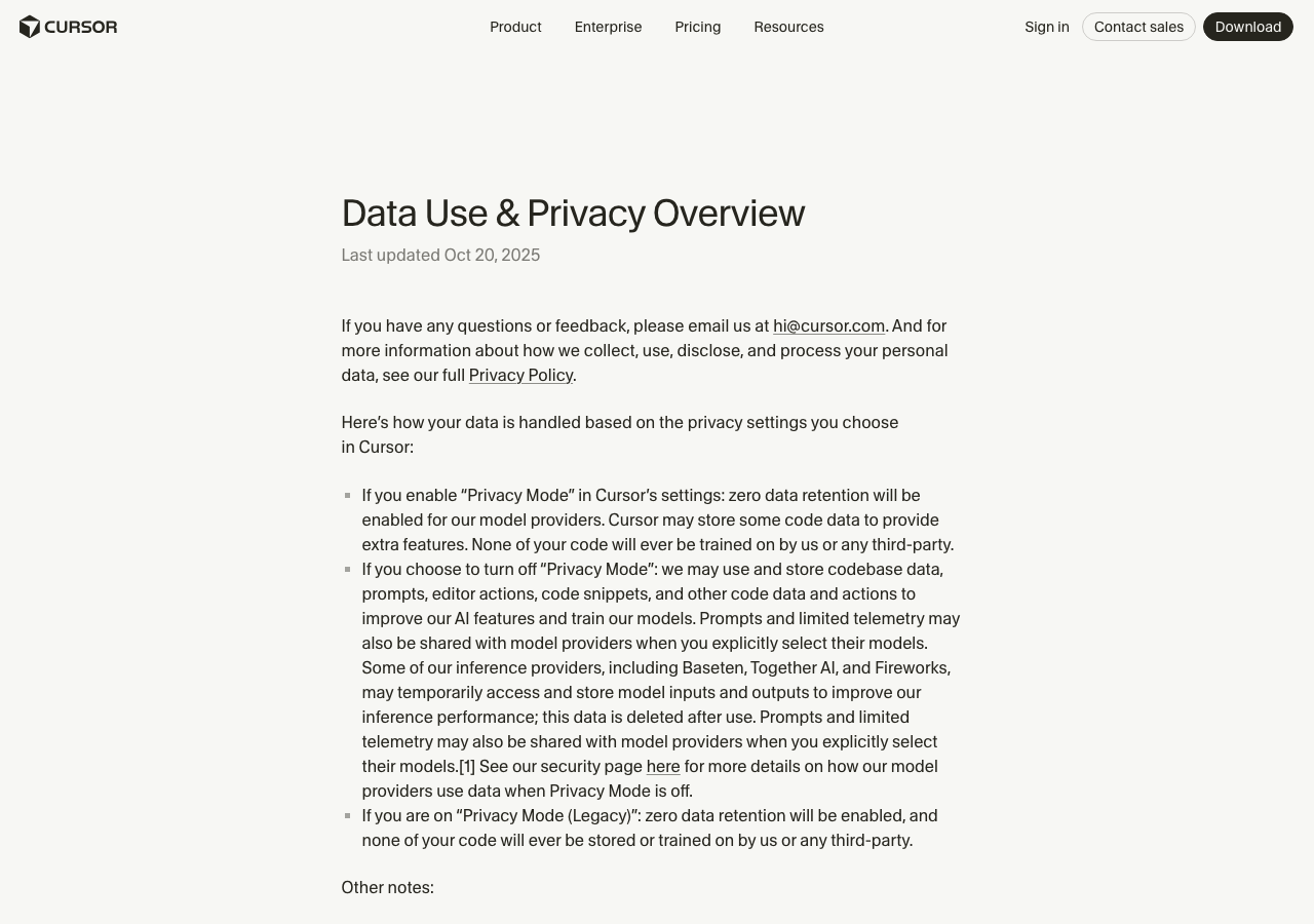 Cursorのデータ利用とプライバシー概要ページ(公式サイトより)