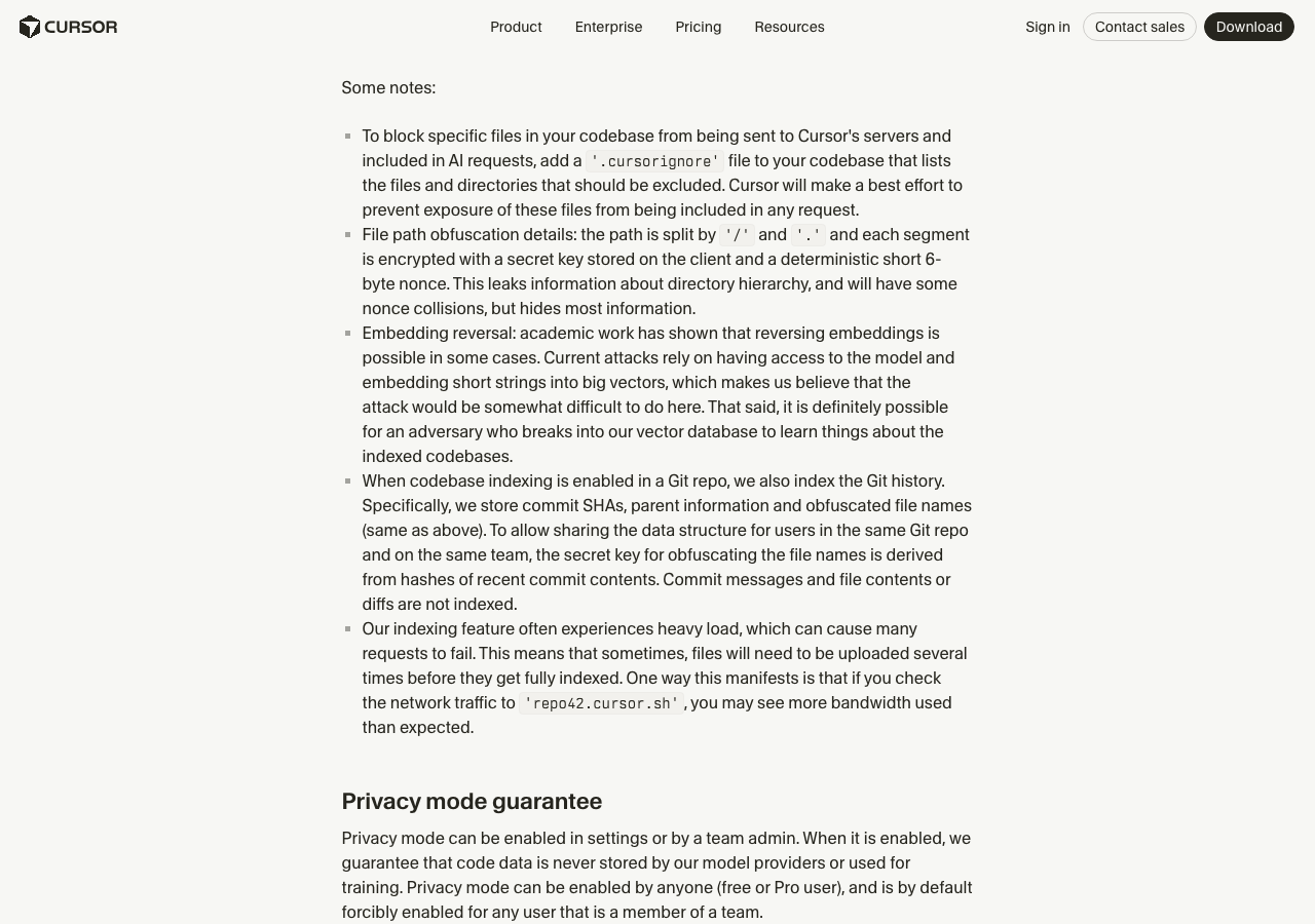 Cursorの公式セキュリティページ、Privacy Mode Guaranteeセクション(公式サイトより)