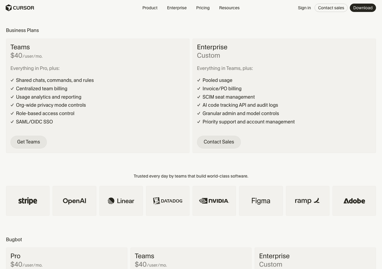 Cursor TeamsとEnterpriseの料金プランカード(公式サイトより)