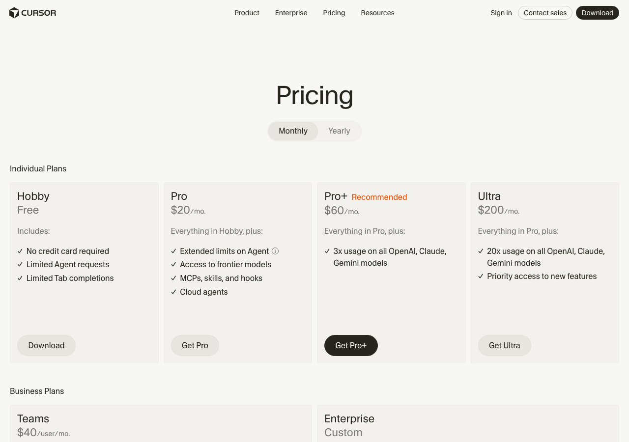Cursorの料金プラン一覧(個人プラン:Hobby/Pro/Pro+/Ultra)