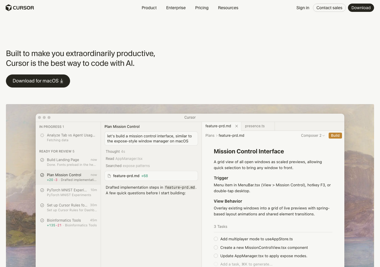 Cursor公式サイトのトップページ(cursor.com)