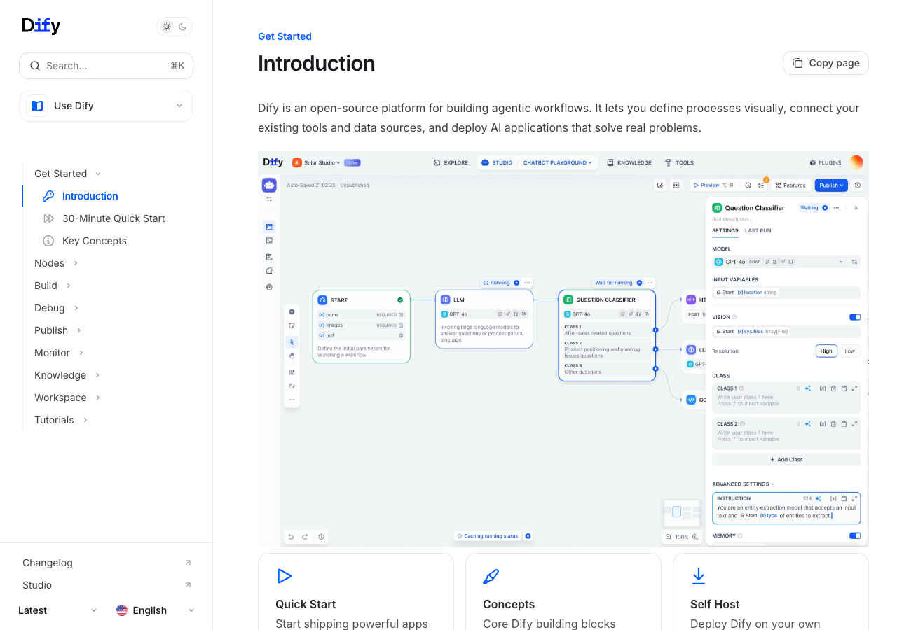 Difyの公式ドキュメントトップページ(左サイドバーにワークフロー、エージェント、ナレッジ等の機能メニューが確認できる)